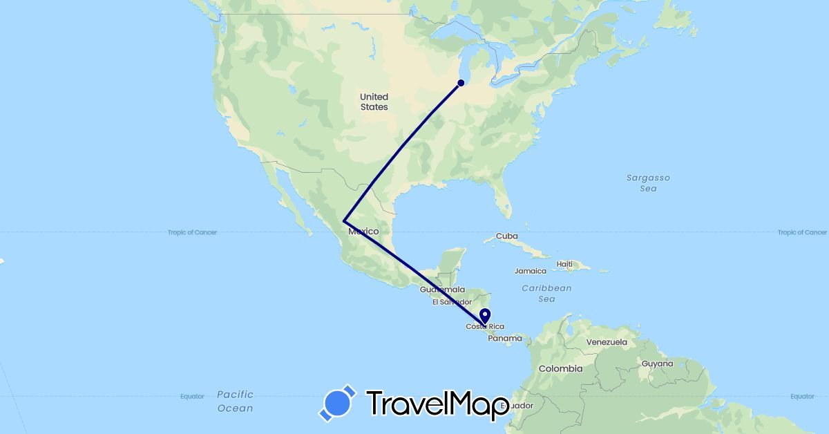TravelMap itinerary: driving in Costa Rica, Mexico, United States (North America)